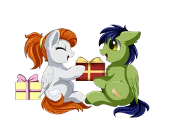 Size: 3509x2550 | Tagged: safe, artist:pridark, derpibooru import, oc, oc:glyde, oc:sky chase, unofficial characters only, pegasus, pony, brother and sister, christmas, christmas presents, female, holiday, male, mare, present, stallion