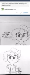 Size: 1336x3378 | Tagged: safe, artist:tjpones, derpibooru import, oc, oc:brownie bun, unofficial characters only, earth pony, pony, horse wife, ask, box, cheek fluff, christmas, christmas presents, cute, daaaaaaaaaaaw, dialogue, ear fluff, female, grayscale, hearth's warming, hearth's warming eve, holiday, mare, monochrome, pencil drawing, pony in a box, present, traditional art, tumblr