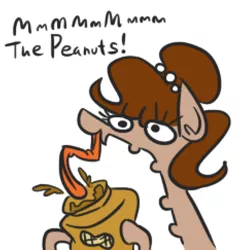 Size: 466x486 | Tagged: safe, artist:jargon scott, derpibooru import, oc, oc:brownie bun, unofficial characters only, earth pony, pony, dialogue, eating, female, food, hoof hold, licking, long neck, long tongue, mare, peanut butter, simple background, tongue out, wat, white background