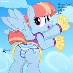 Size: 5000x5000 | Tagged: suggestive, artist:an-tonio, derpibooru import, windy whistles, pegasus, pony, :d, absurd resolution, adorasexy, blue underwear, cheerleader, clothes, cute, dialogue, dock, female, freckles, implied rainbow dash, looking back, mare, milf, moe, open mouth, pack:pantiepalooza, panties, plot, pom pom, sexy, skirt, skirt lift, smiling, solo, solo female, striped underwear, underwear, upskirt, vector