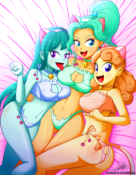 Size: 1220x1560 | Tagged: suggestive, artist:the-butch-x, derpibooru import, cold forecast, garden grove, orange sherbette, human, equestria girls, friendship games, ass, bed, bedroom eyes, bell, bell collar, belly button, big breasts, blue underwear, blushing, boob window, bra, breasts, busty cold forecast, busty garden grove, busty orange sherbette, butch's shadow cat lingerie, butt, cat bell, cat ears, cat keyhole bra set, cat lingerie, cat tail, cleavage, clothes, collar, crop top bra, fangs, female, females only, frilly underwear, green underwear, lesbian, lingerie, looking at you, open mouth, orange sherbutte, orange underwear, pack:pantiepalooza, panties, ponytail, sexy, shadowcat lingerie, side knot underwear, smiling, stupid sexy cold forecast, stupid sexy garden grove, stupid sexy orange sherbette, tongue out, trio, trio female, underass, underwear
