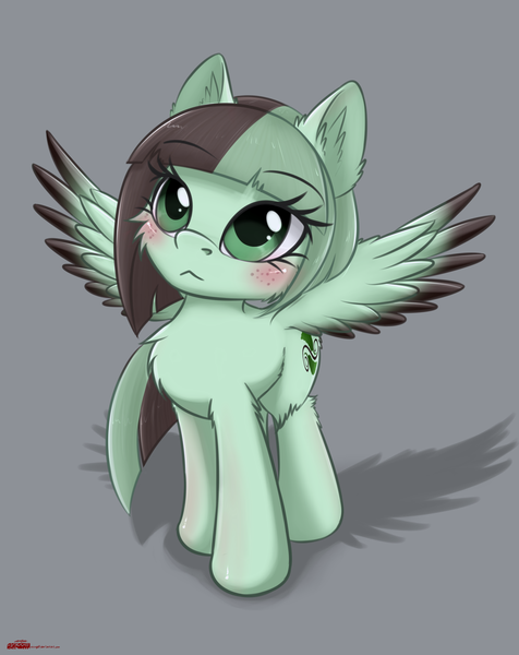 Size: 1869x2357 | Tagged: safe, artist:orang111, derpibooru import, oc, oc:minty gale, unofficial characters only, pegasus, pony, blushing, cheek fluff, chest fluff, female, simple background, solo, spread wings, wings