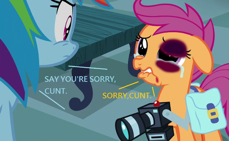 Size: 1666x1031 | Tagged: abuse, abuse edit, angry, betrayal, black eye, camera, crying, derpibooru import, edit, edited screencap, female, foal abuse, out of character, parental glideance, rainbow dash, sad, scootabuse, scootaloo, screencap, semi-grimdark, vulgar