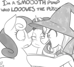 Size: 600x546 | Tagged: dead source, suggestive, artist:dwk, artist:reiduran, derpibooru import, bon bon, starlight glimmer, sweetie drops, trixie, pony, totally legit recap, cape, clothes, dialogue, female, grayscale, hat, implied lesbian, jay and silent bob, looking at each other, mare, monochrome, open mouth, simple background, sketch, smiling, trio, trixie's cape, trixie's hat, white background