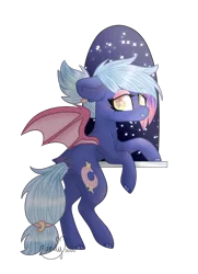 Size: 892x1232 | Tagged: safe, artist:candycrusher3000, derpibooru import, oc, oc:moon sugar, unofficial characters only, bat pony, ear fluff, flank, looking at you, solo, window