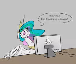 Size: 1213x1024 | Tagged: safe, anonymous artist, derpibooru import, edit, princess celestia, alicorn, pony, /mlp/, 4chan, blushing, chest fluff, colored, computer, cute, cutelestia, dialogue, drawthread, female, floppy ears, frown, funny, funny as hell, gray background, horrified, mare, neck fluff, oh no, scared, scaredlestia, simple background, solo, spread wings, table, there is no wrong way to fantasize, traumatized, wavy mouth, wide eyes, wings