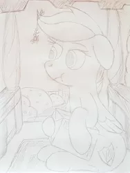 Size: 3024x4032 | Tagged: safe, artist:sollace, derpibooru import, scootaloo, pegasus, pony, chewing, eating, female, filly, mistletoe, older, parcel, sketch, solo, traditional art, uninterested, welcome mat