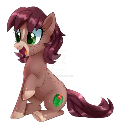 Size: 1280x1355 | Tagged: safe, artist:sugguk, derpibooru import, oc, unofficial characters only, earth pony, pony, adoptable, body freckles, cute, female, freckles, happy, mare, ocbetes, open mouth, raised hoof, simple background, sitting, smiling, solo, transparent background, underhoof, watermark