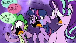 Size: 1214x700 | Tagged: safe, artist:emositecc, derpibooru import, spike, starlight glimmer, twilight sparkle, dragon, pony, unicorn, angry, crying, dialogue, exploitable meme, female, gasp, male, mare, meme, open mouth, shocked, trio