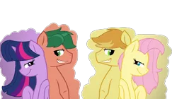 Size: 1792x1000 | Tagged: safe, artist:thesmall-artist, derpibooru import, braeburn, fluttershy, timber spruce, twilight sparkle, ponified, pony, equestria girls, back to back, braeshy, equestria girls ponified, female, male, shipping, straight, timbertwi