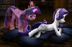 Size: 2565x1677 | Tagged: safe, artist:robsa990, derpibooru import, rarity, twilight sparkle, twilight sparkle (alicorn), alicorn, pony, unicorn, fanfic, fanfic:the enchanted library, crown, fanfic art, female, glowing horn, injured, jewelry, lesbian, looking back, mare, rarilight, regalia, scratches, shipping