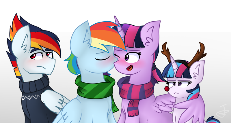 Size: 1500x800 | Tagged: safe, artist:sweetpieee, derpibooru import, rainbow dash, twilight sparkle, twilight sparkle (alicorn), oc, oc:sky blaze, oc:starlight sparkle, alicorn, pegasus, pony, antlers, blushing, clothes, eyes closed, female, filly, frown, hug, kissing, lesbian, magical lesbian spawn, male, mare, offspring, parent:rainbow dash, parent:twilight sparkle, parents:twidash, red nose, reindeer antlers, scarf, shipping, sitting, smiling, stallion, sweater, twidash, unamused, winghug