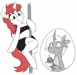 Size: 1480x1441 | Tagged: suggestive, artist:whydomenhavenipples, derpibooru import, oc, oc:bonfire, oc:velvet pastry, unofficial characters only, dracony, hybrid, pony, blushing, chest fluff, claws, clothes, compression shorts, curved horn, eyeshadow, looking at you, makeup, notepad, pencil, simple background, smiling, stripper, stripper pole, sweat, sweatdrop, tube top, white background, writing