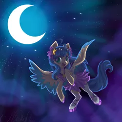 Size: 5000x5000 | Tagged: safe, artist:myhandsarecrazy, derpibooru import, oc, oc:blue sparkle, unofficial characters only, pegasus, pony, absurd resolution, clothes, female, flying, mare, moon, night, shoes, socks, solo, stars