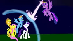 Size: 960x540 | Tagged: alicorn, applejack, artist:pinkamena2000, corrupted twilight sparkle, derpibooru import, fight, fluttershy, flying, force field, glowing horn, rainbow dash, rarity, safe, sombra eyes, twilight sparkle, twilight sparkle (alicorn)