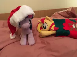 Size: 1067x800 | Tagged: 4de, alicorn, artist:epicrainbowcrafts, christmas, christmas stocking, derpibooru import, hat, holiday, irl, photo, plushie, safe, santa hat, sunset shimmer, twilight sparkle, twilight sparkle (alicorn)