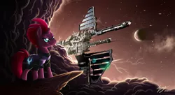 Size: 2500x1363 | Tagged: safe, artist:duskie-06, derpibooru import, tempest shadow, pony, unicorn, my little pony: the movie, armor, broken horn, cloud, eve online, eye scar, female, lightning, mare, minmatar, scar, solo, spaceship