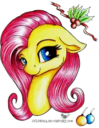 Size: 1024x1317 | Tagged: safe, artist:julunis14, derpibooru import, fluttershy, pegasus, pony, bust, cute, female, floppy ears, gift art, holly, looking at you, mare, portrait, shyabetes, simple background, smiling, solo, stray strand, traditional art, transparent background