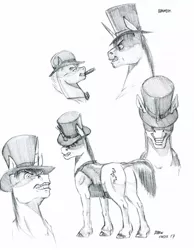 Size: 1100x1420 | Tagged: safe, artist:baron engel, derpibooru import, oc, oc:bramble, unofficial characters only, pony, unicorn, cigarette, evil, grayscale, hat, male, monochrome, pencil drawing, simple background, sketch, stallion, top hat, traditional art, white background