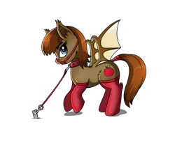 Size: 1200x1000 | Tagged: suggestive, artist:negasun, derpibooru import, oc, oc:lunette, unofficial characters only, bat pony, pony, bat pony oc, bondage, bridle, clothes, collar, female, femsub, mare, simple background, socks, solo, solo female, stockings, submissive, tack, tail wrap, tether, thigh highs, transparent background
