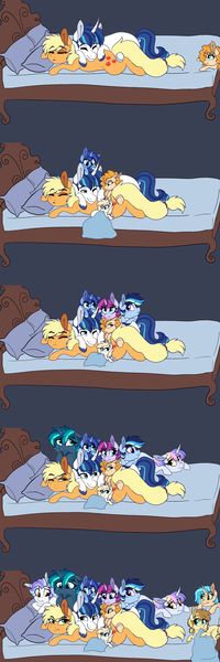 Size: 2000x6000 | Tagged: safe, artist:saphi-boo, derpibooru import, applejack, shining armor, oc, earth pony, pony, unicorn, alternate universe, bed, crack shipping, female, foal, male, mare, next generation, offspring, parent:applejack, parent:shining armor, parents:shiningjack, pony pile, pony pillow, prone, shiningjack, shipping, simple background, sleeping, stallion, straight, unshorn fetlocks