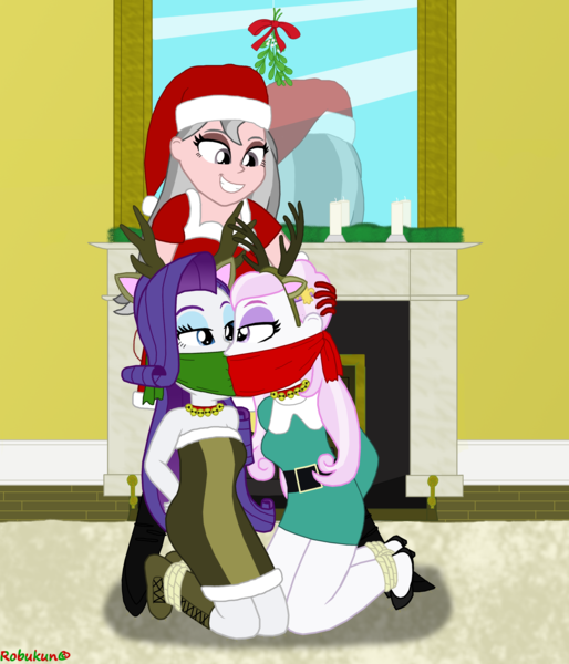 Size: 3000x3500 | Tagged: suggestive, artist:robukun, derpibooru import, fleur-de-lis, rarity, oc, equestria girls, antlers, bell, bell collar, bondage, christmas, cloth gag, collar, fireplace, gag, holding head, holiday, kneeling, mistletoe, now kiss, tied up