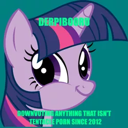 Size: 600x600 | Tagged: background pony strikes again, caption, derpibooru, derpibooru import, faic, image macro, impact font, implied porn, meme, meta, safe, simple background, smirk, teal background, text, twiface, twilight sparkle, vent art, voting