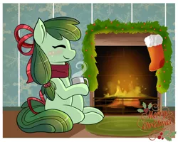 Size: 2500x2000 | Tagged: safe, artist:xwhitedreamsx, derpibooru import, oc, unofficial characters only, earth pony, pony, bow, christmas, christmas stocking, commission, eyes closed, female, fireplace, hair bow, holiday, mare, merry christmas, mug, solo, tail bow