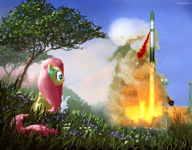 Size: 960x750 | Tagged: angel bunny, artist:moe, derpibooru import, duo, edit, fluttershy, icbm, looking at something, looking away, missile, nuclear weapon, photoshop, r-36 warlord, safe, satan, sitting, ss-18 satan, wat, weapon