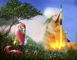 Size: 960x750 | Tagged: angel bunny, artist:moe, derpibooru import, duo, edit, fluttershy, icbm, looking at something, looking away, missile, nuclear weapon, photoshop, r-36 warlord, safe, satan, sitting, ss-18 satan, wat, weapon