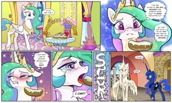 Size: 1920x1149 | Tagged: suggestive, artist:pencils, derpibooru import, princess celestia, princess luna, alicorn, pony, comic:sunbutt sunday, addiction, blushing, comic, crown, crying, dialogue, dock, eclair, eyes closed, eyeshadow, female, food, glowing horn, hoof shoes, innuendo, jewelry, lip bite, magic, makeup, mare, not porn, not what it looks like, onomatopoeia, peytral, plate, plot, princess celestia loves eclairs, regalia, royal sisters, sisters, speech bubble, spread wings, suggestive eating, table, teary eyes, telekinesis, wings