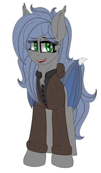 Size: 1050x1800 | Tagged: safe, artist:eclipsepenumbra, derpibooru import, oc, oc:eclipse penumbra, unofficial characters only, bat pony, 2018 community collab, derpibooru community collaboration, bat pony oc, clothes, fangs, looking at you, simple background, smiling, transparent background