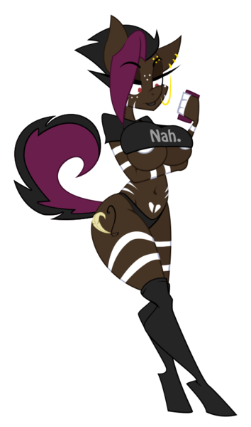 Size: 531x900 | Tagged: questionable, alternate version, artist:lil miss jay, derpibooru import, oc, oc:dusky, unofficial characters only, anthro, zebra, belly button, breasts, clothes, freckles, nipples, nudity, panties, phone, piercing, simple background, thong, transparent background, underboob, underwear