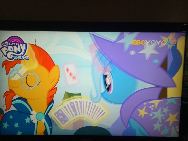 Size: 4160x3120 | Tagged: card trick, derpibooru import, duo, safe, screencap, sunburst, television, trixie, uncommon bond