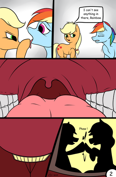 Size: 6500x9900 | Tagged: suggestive, artist:azerta56, derpibooru import, applejack, rainbow dash, comic:a small issue, fanfic:a small issue, absurd resolution, comic, fetish, human teeth, maw, mawshot, open mouth, tongue out, unaware, uvula