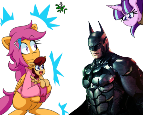 Size: 499x400 | Tagged: safe, artist:jake heritagu, derpibooru import, scootaloo, starlight glimmer, oc, oc:lightning blitz, pegasus, pony, unicorn, comic:ask motherly scootaloo, baby, baby pony, batman, cloak, clothes, colt, exploitable meme, female, hairpin, holding a pony, male, meme, mistletoe, mistletoe meme, mother and son, motherly scootaloo, offspring, older, older scootaloo, parent:rain catcher, parent:scootaloo, parents:catcherloo, simple background, sweatshirt, transparent background