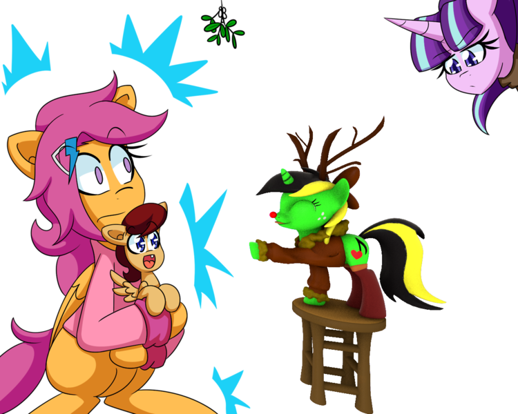 Size: 1280x1024 | Tagged: safe, artist:jake heritagu, derpibooru import, scootaloo, starlight glimmer, oc, oc:jazz, oc:lightning blitz, pegasus, pony, unicorn, comic:ask motherly scootaloo, 3d, antlers, baby, baby pony, cloak, clothes, colt, exploitable meme, female, hairpin, holding a pony, ladder, male, meme, mistletoe, mistletoe meme, mother and son, motherly scootaloo, offspring, older, older scootaloo, parent:rain catcher, parent:scootaloo, parents:catcherloo, red nose, reindeer antlers, simple background, sweatshirt, transparent background