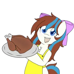 Size: 1000x1000 | Tagged: safe, derpibooru import, oc, oc:breezy, unofficial characters only, bird, turkey, apron, bipedal, bow, clothes, cooked, dead, food, hair bow, holiday, patreon, patreon reward, ponies eating meat, simple background, thanksgiving, transparent background, tray