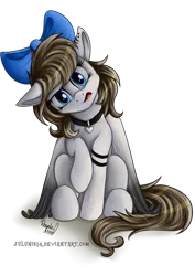 Size: 1280x1810 | Tagged: safe, artist:julunis14, derpibooru import, oc, unofficial characters only, pegasus, pony, blue eyes, bow, brown mane, collar, confused, cute, female, gray coat, hair bow, head tilt, heart, looking at you, mare, raised hoof, simple background, sitting, solo, transparent background