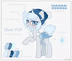 Size: 3536x3000 | Tagged: safe, artist:hawthornss, derpibooru import, oc, oc:silver puff, oc:snow puff, unofficial characters only, bat pony, cute, cute little fangs, ear fluff, fangs, hat, looking at you, reference sheet, solo