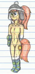Size: 2356x4999 | Tagged: anthro, artist:binary6, belly button, clothes, derpibooru import, female, foal, freckles, hat, lined paper, oc, oc:sun flower, safe, socks, solo, striped socks, traditional art, unofficial characters only