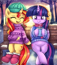 Size: 1300x1500 | Tagged: safe, artist:tcn1205, derpibooru import, sunset shimmer, twilight sparkle, twilight sparkle (alicorn), alicorn, pony, unicorn, bench, both cutie marks, clothes, coffee, cute, duo, earmuffs, eyes closed, female, happy, mare, open mouth, scarf, shimmerbetes, shoes, sitting, sitting lyra style, smiling, snow, sweater, tree, twiabetes