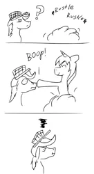 Size: 600x1104 | Tagged: safe, derpibooru import, oc, oc:chopsticks, oc:sketchy mcpad, unofficial characters only, pegasus, pony, unicorn, ambush, angry, black and white, boop, bush, clothes, comic, grayscale, hat, male, monochrome, stallion