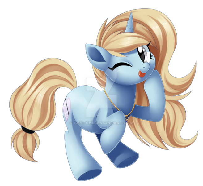 Size: 1024x935 | Tagged: safe, artist:centchi, derpibooru import, oc, oc:kelly, unofficial characters only, pony, unicorn, female, mare, one eye closed, simple background, solo, tongue out, transparent background, watermark, wink