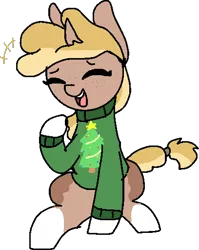 Size: 408x512 | Tagged: safe, artist:nootaz, derpibooru import, oc, oc:nora swirl, unofficial characters only, unicorn, christmas sweater, clothes, simple background, sweater, tail wrap, transparent background