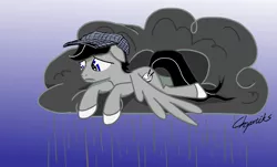 Size: 2370x1433 | Tagged: safe, artist:chopsticks, derpibooru import, oc, oc:chopsticks, unofficial characters only, pegasus, pony, clothes, cloud, cutie mark, hat, male, rain, raincloud, sad, solo, stallion