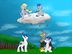 Size: 4000x3000 | Tagged: safe, artist:recordmelodie, derpibooru import, derpy hooves, oc, oc:black lights, oc:kami, oc:record melodie, bat pony, gryphon, pegasus, pony, cloud, food, hat, muffin, muffin rain, sitting, smiling, standing