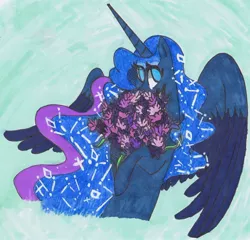 Size: 1658x1589 | Tagged: safe, artist:draw1709, derpibooru import, princess luna, pony, female, flower, lavender, mare, solo, that pony sure does love lavender, traditional art