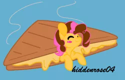 Size: 622x397 | Tagged: safe, artist:hiddenrose04, derpibooru import, oc, oc:cheesecake, unofficial characters only, earth pony, pony, cheese, female, food, grilled cheese, mare, micro, offspring, parent:cheese sandwich, parent:pinkie pie, parents:cheesepie, sandwich, solo
