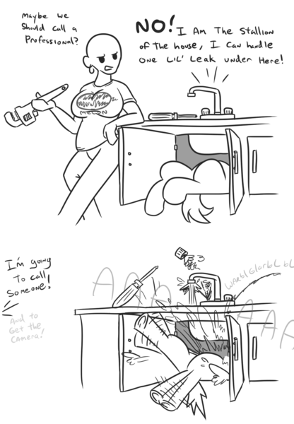 Size: 928x1338 | Tagged: safe, artist:jargon scott, derpibooru import, oc, oc:horsey husband, oc:human wifey, unofficial characters only, earth pony, human, pony, 2 panel comic, comic, dialogue, female, grayscale, leaking, male, monochrome, screaming, screwdriver, sink, stallion, underhoof, water, wharrgarbl, wrench